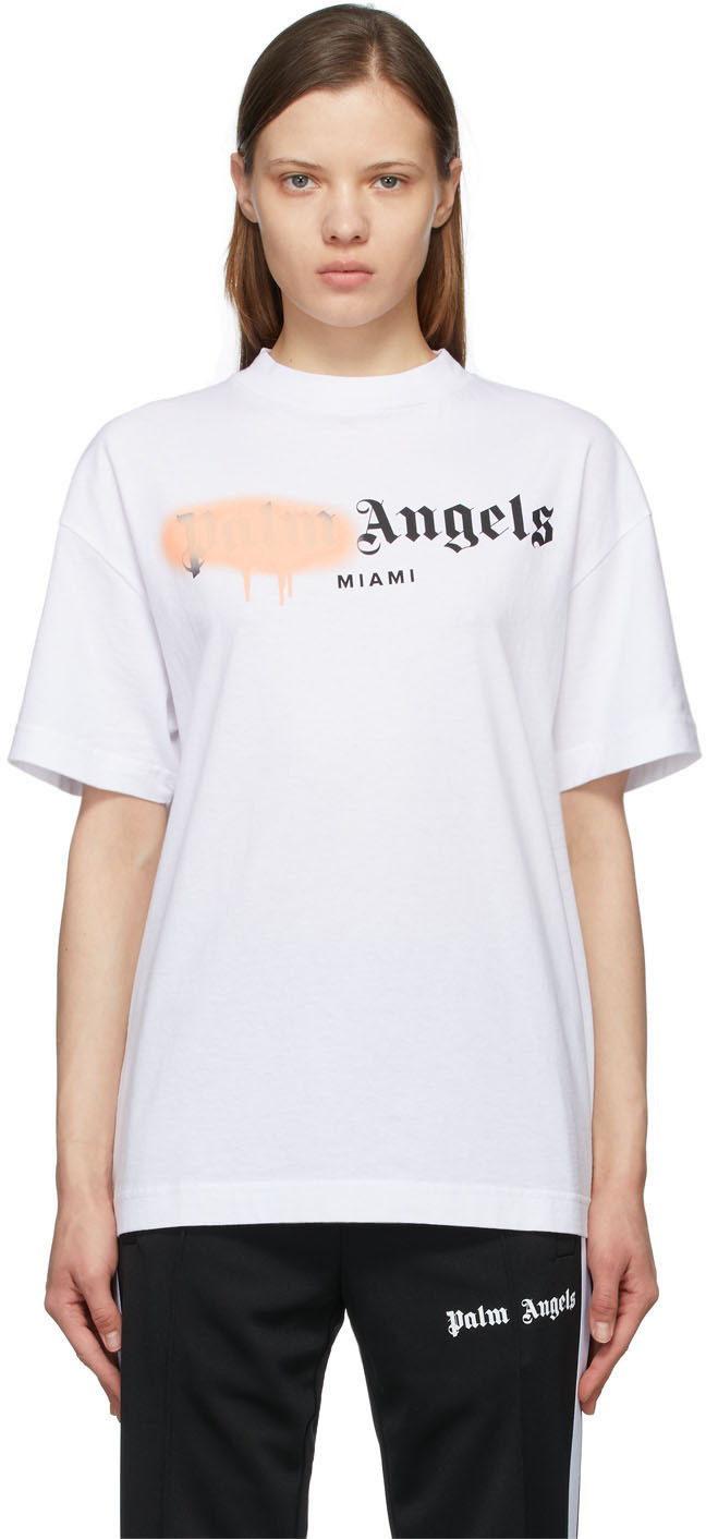 Palm Angels White & Pink Sprayed Logo 'Miami' T-Shirt Palm Angels