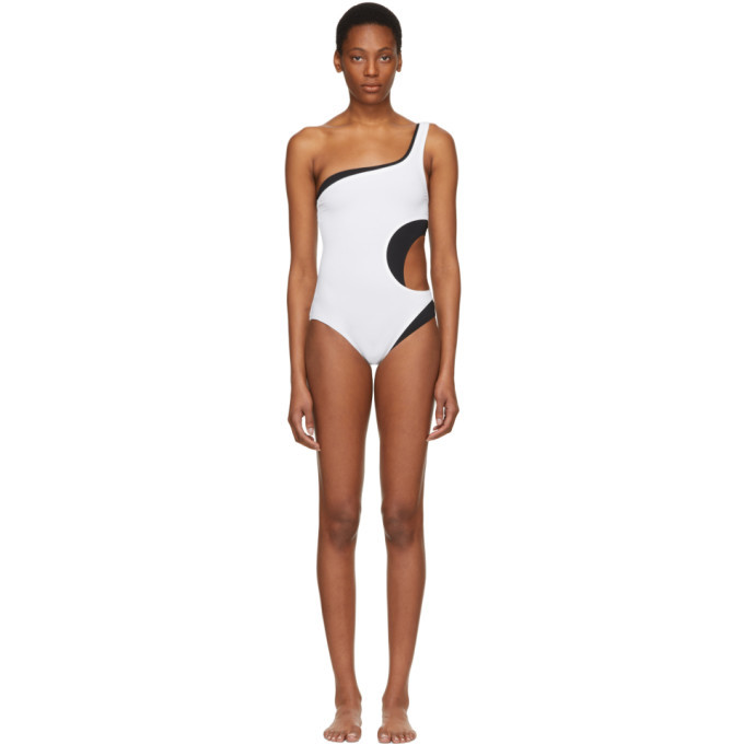 black and white one shoulder swimsuit