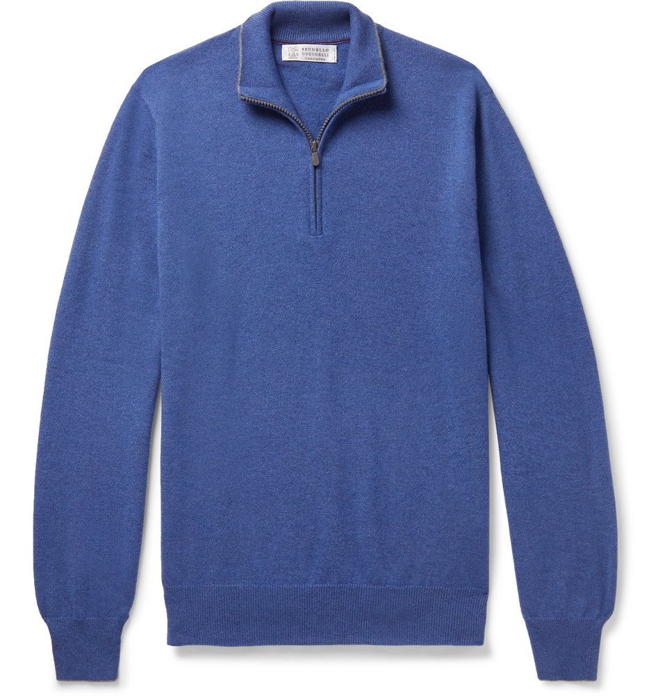 Brunello Cucinelli - Contrast-Tipped Cashmere Half-Zip Sweater - Men ...
