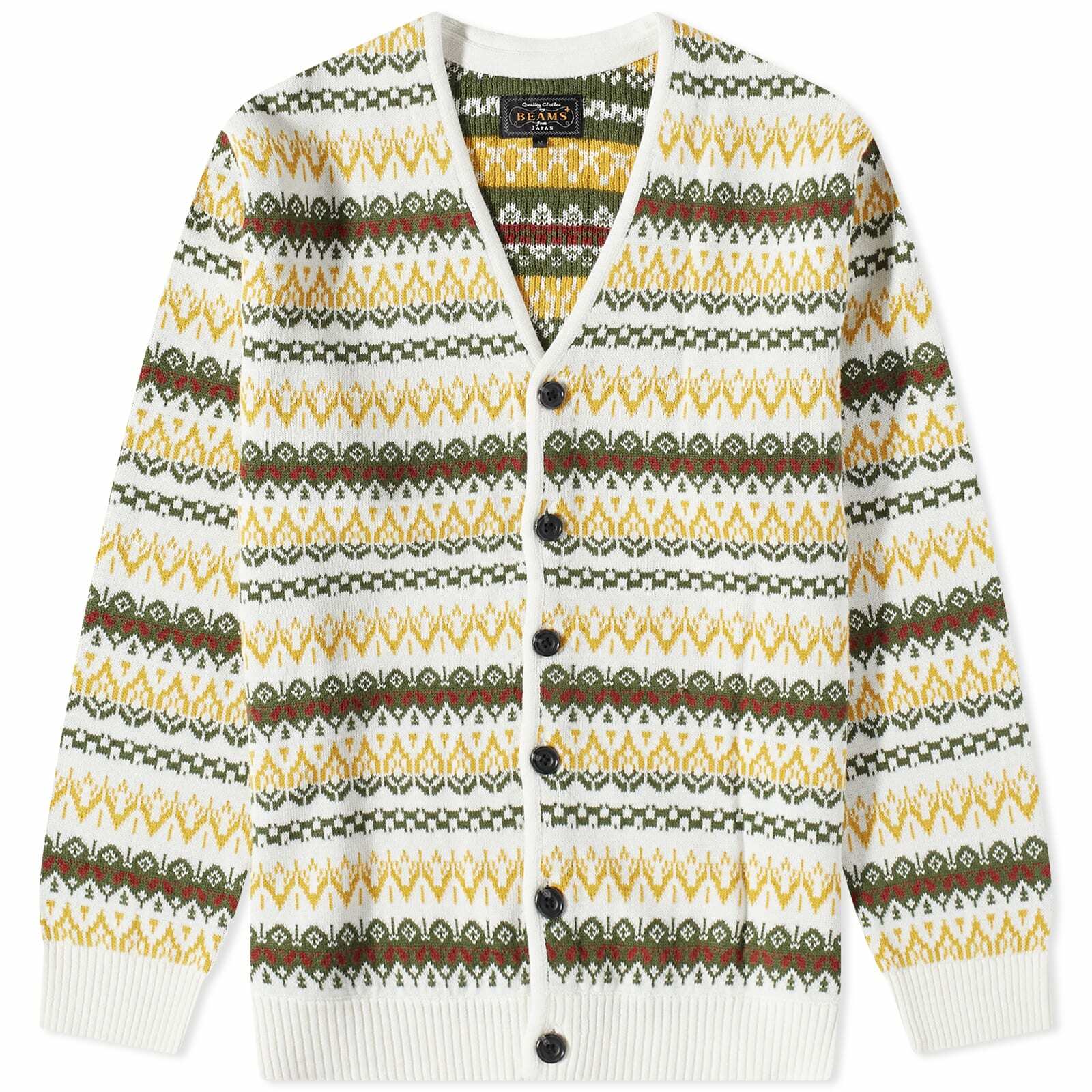 Beams Plus Men's Fair Isle Jaquard Cardigan in Off White Beams Plus
