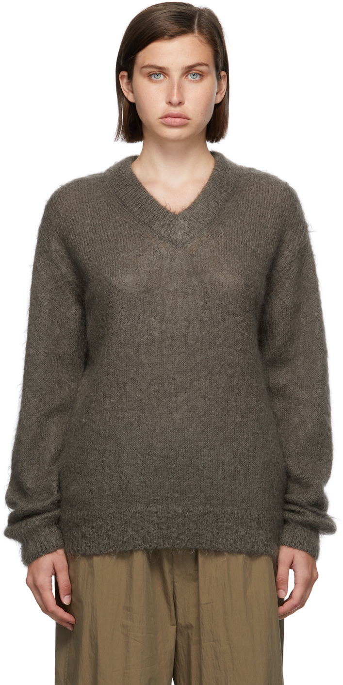 AURALEE Grey Mohair V-Neck Sweater Auralee