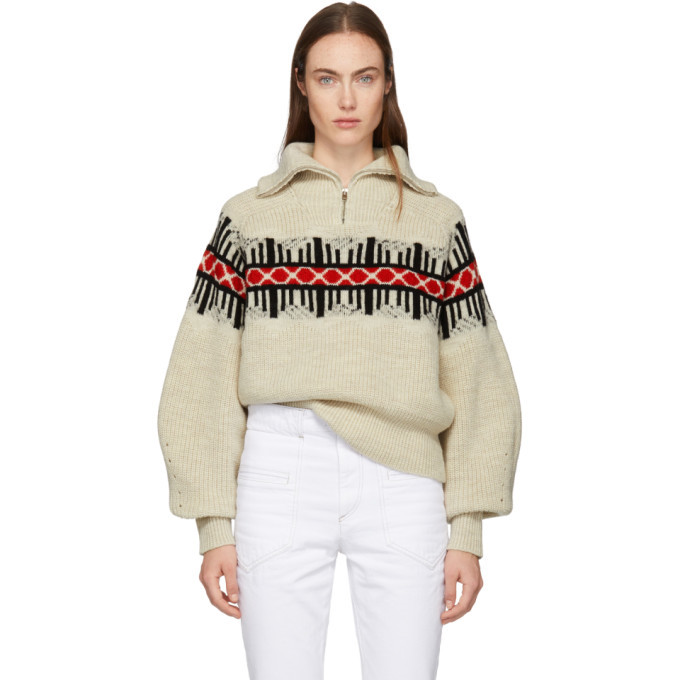 At first secondary Feudal Isabel Marant White Curtis Graphic Knit Zip-Up Sweater Isabel Marant