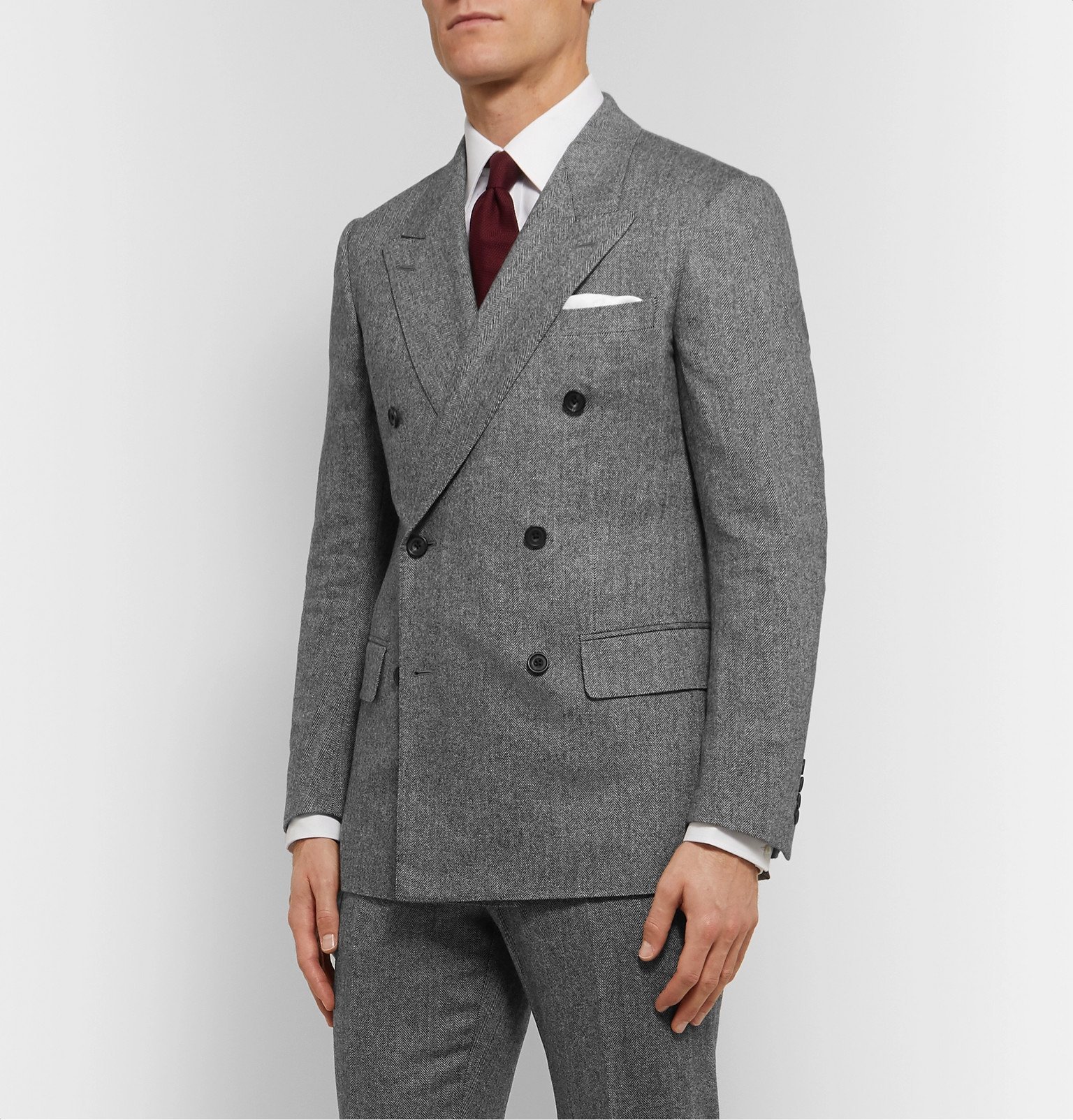 Kingsman - Grey Slim-Fit Double-Breasted Herringbone Wool and Cashmere ...