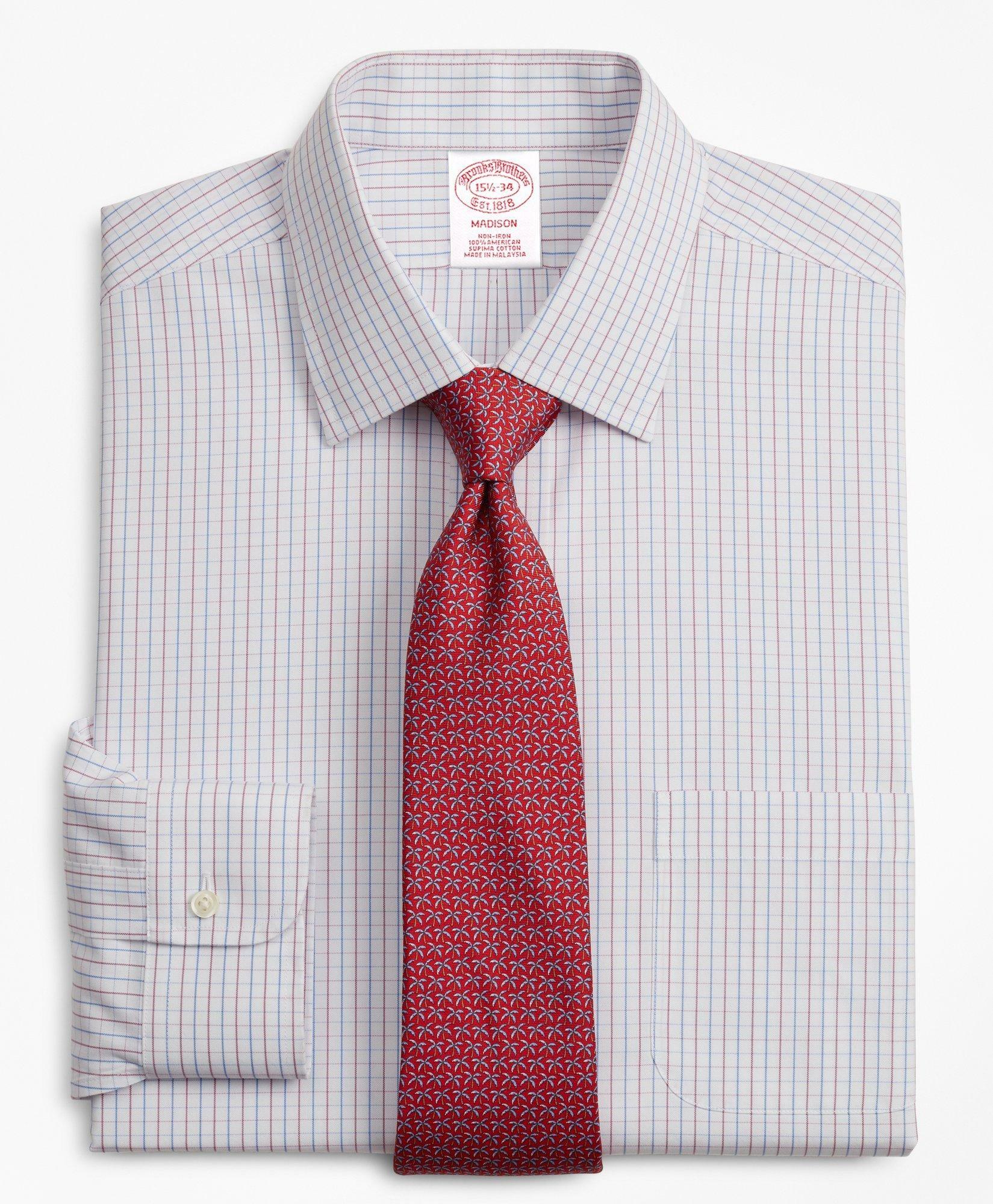 Photo: Brooks Brothers Men's Madison Relaxed-Fit Dress Shirt, Non-Iron Grid Check | Burgundy