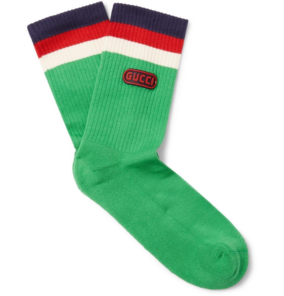 Gucci - Appliquéd Striped Stretch Cotton-Blend Socks - Men - Green Gucci