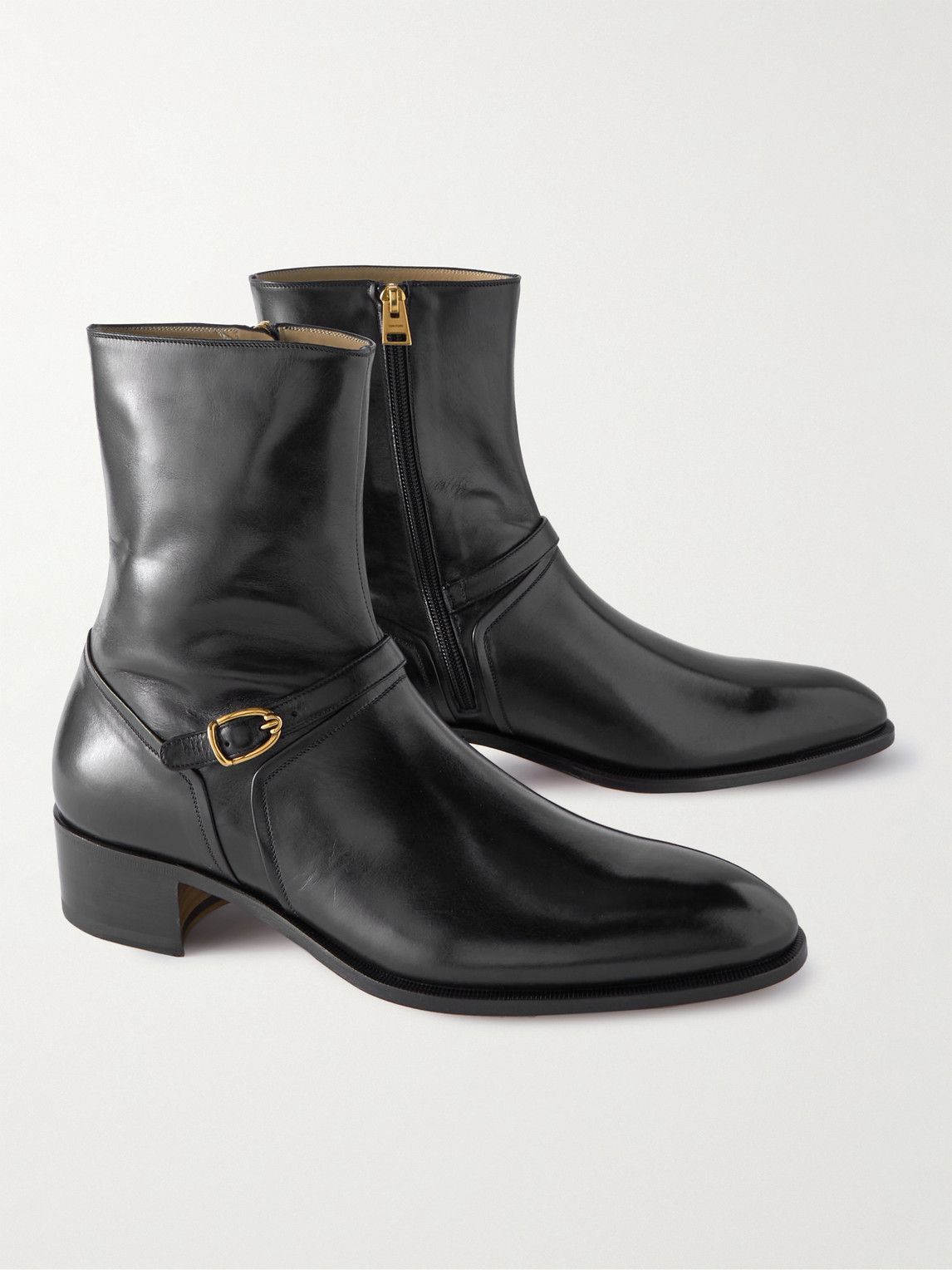 TOM FORD - Buckled Polished-Leather Boots - Black TOM FORD