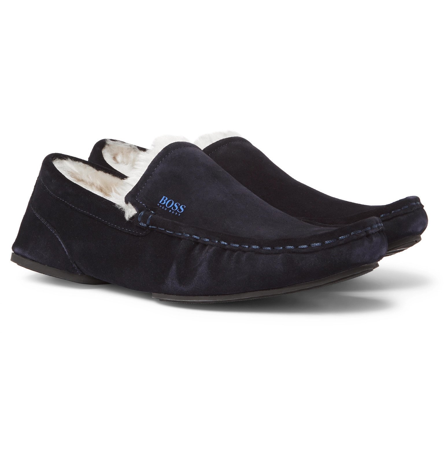 Hugo - Faux Shearling-Lined Suede Slippers - Blue Hugo Boss