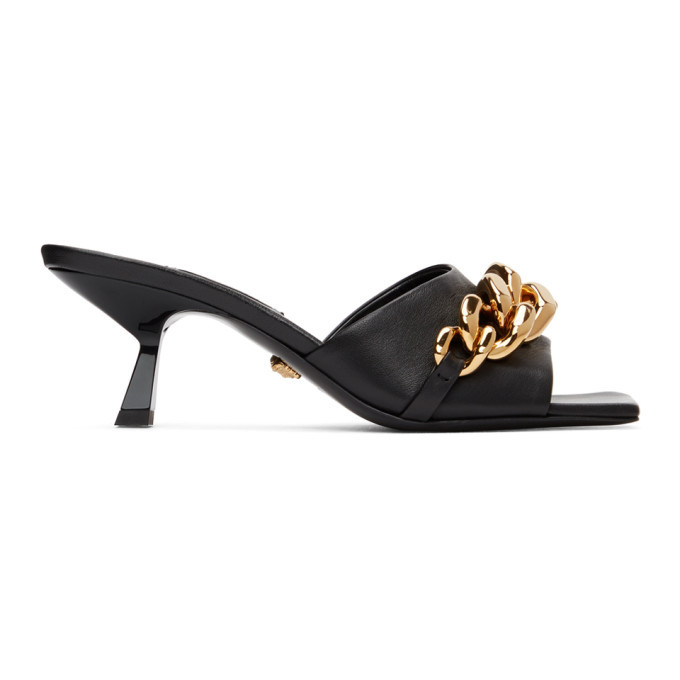 Versace Black Chain Mid-Heel Mule Sandals Versace