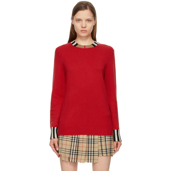 Burberry Red Cashmere Icon Stripe Trim Eyre Sweater Burberry