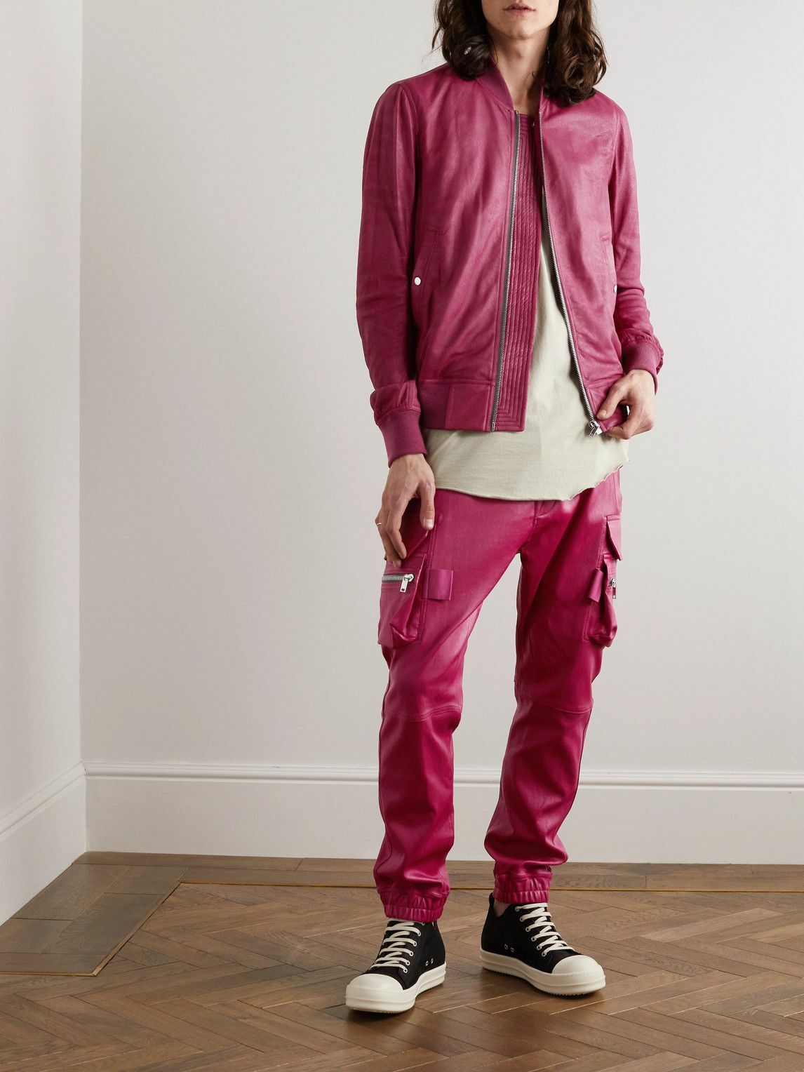 Rick Owens - Distressed Leather Bomber Jacket - Pink