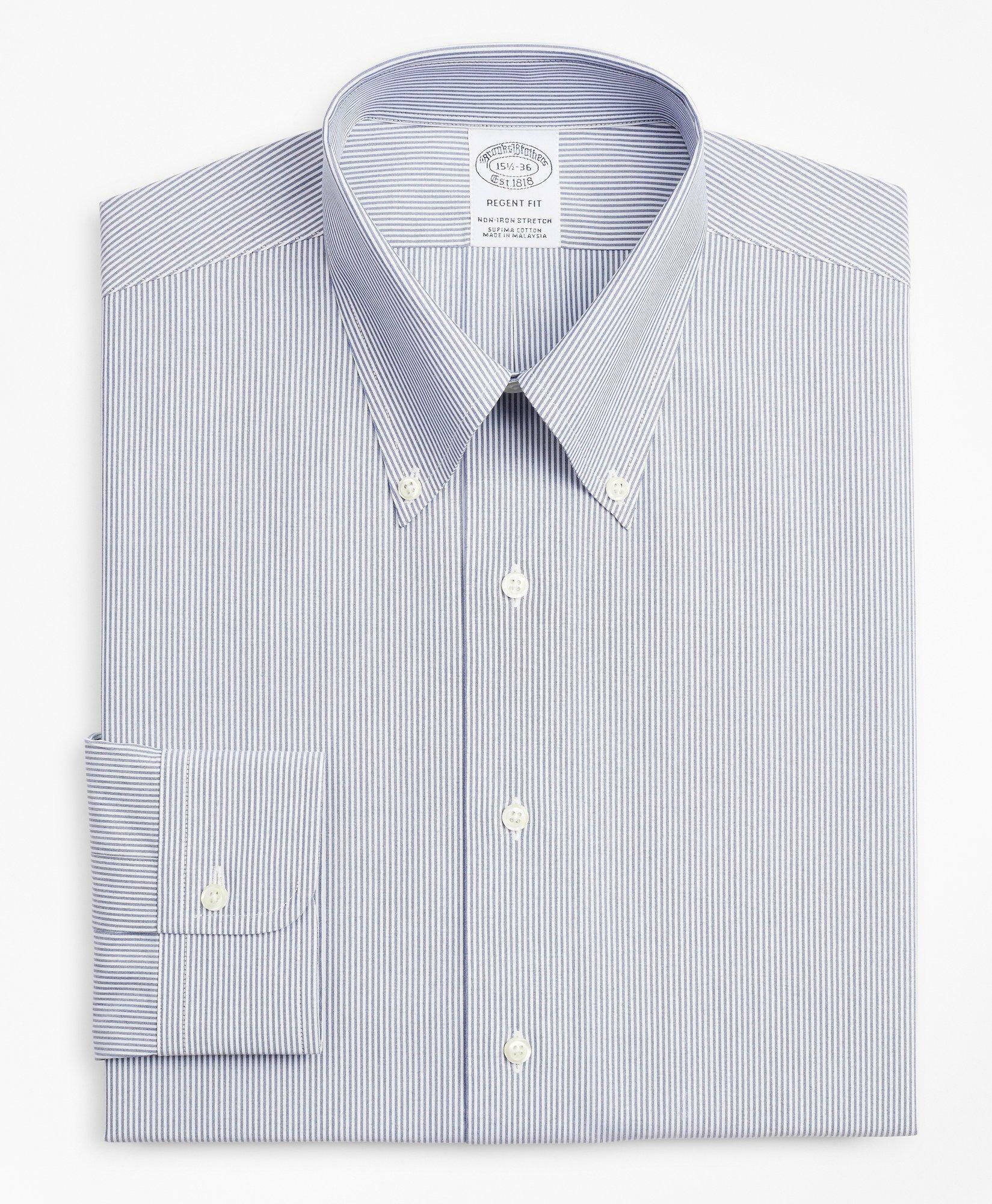 Brooks Brothers Men's Stretch Soho Extra-Slim-Fit Dress Shirt, Non-Iron Poplin Button-Down Collar Fine Stripe | Navy