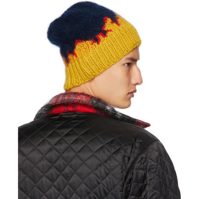 Bless Navy and Yellow Hand-Knit Flame Tongue Beanie Bless