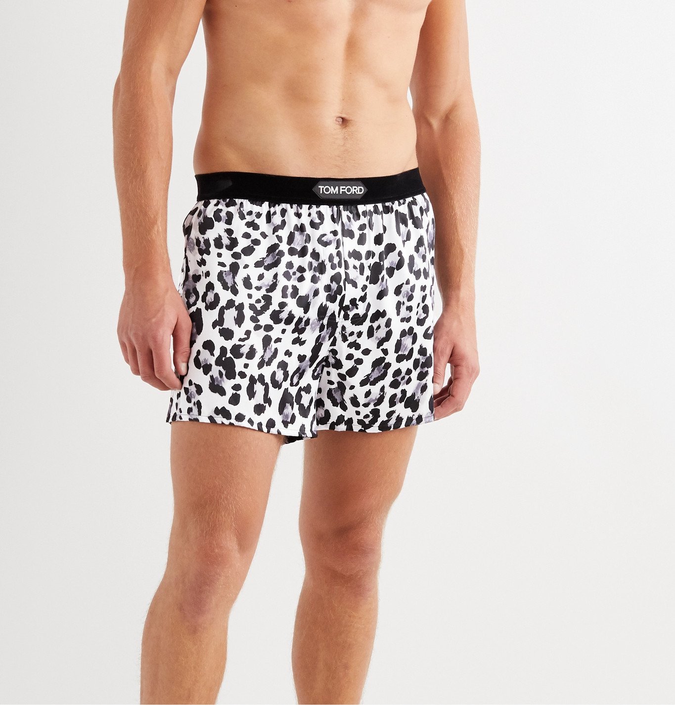 Tom Ford Velvet Trimmed Leopard Print Stretch Silk Satin Boxer Shorts