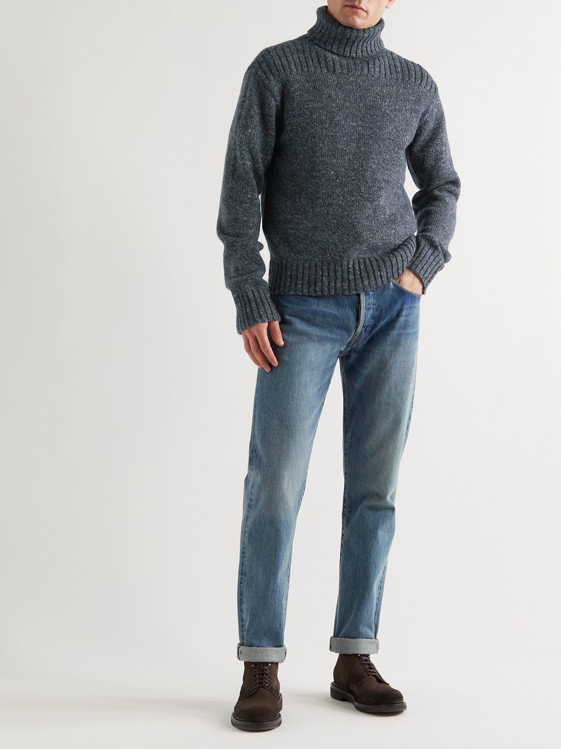 RRL - Wool, Cotton and Linen-Blend Rollneck Sweater - Blue RRL