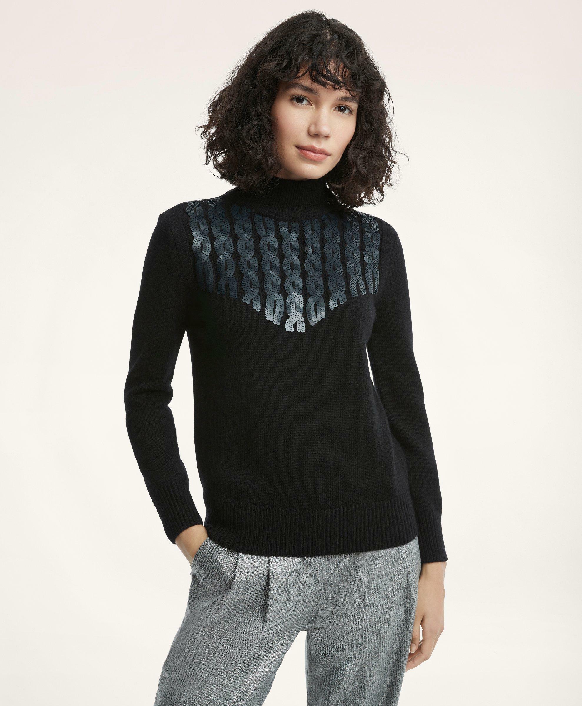 Brooks Brothers Women's Merino Wool Sequin Mock Neck Buttoned Sweater | Black