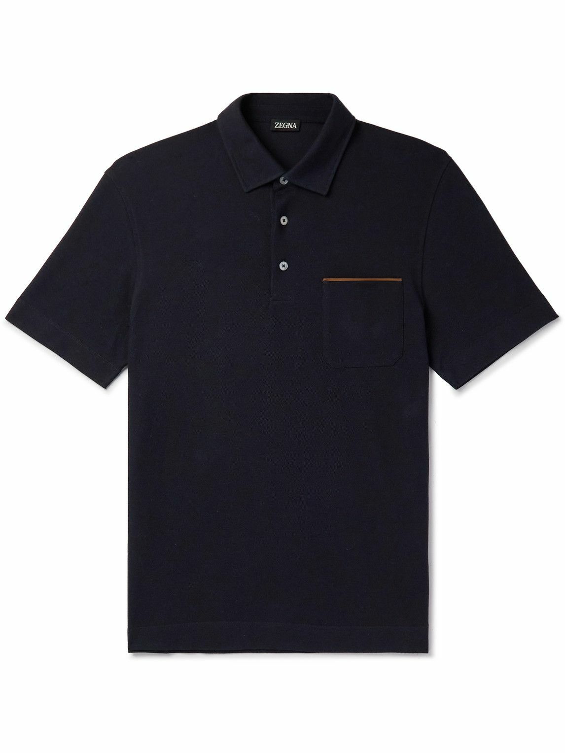 Zegna - Leather-Trimmed Cotton-Piqué Polo Shirt - Blue Zegna