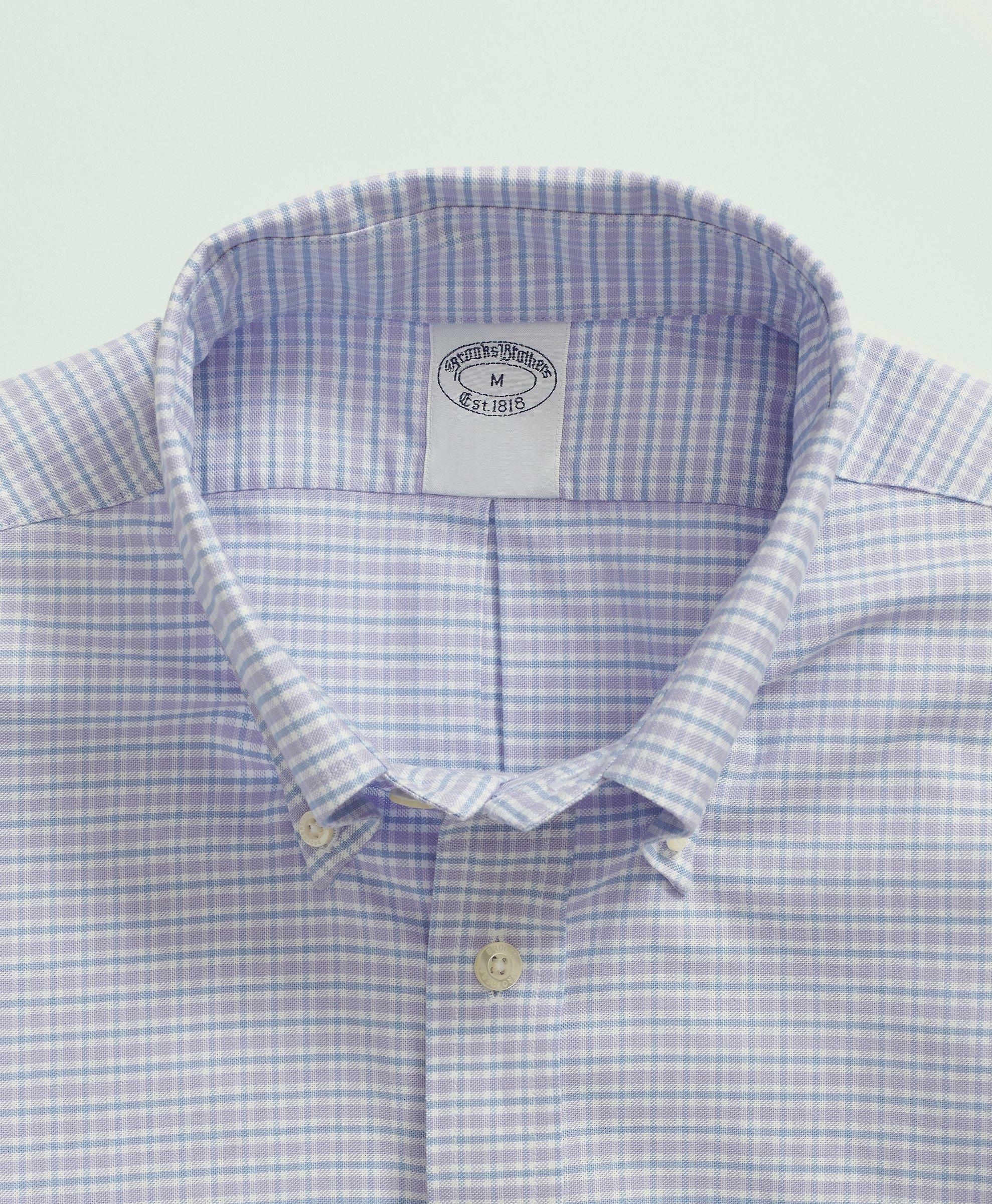 Brooks Brothers Men's Stretch Non-Iron Oxford Button-Down Collar, Mini Check Sport Shirt | Lavender