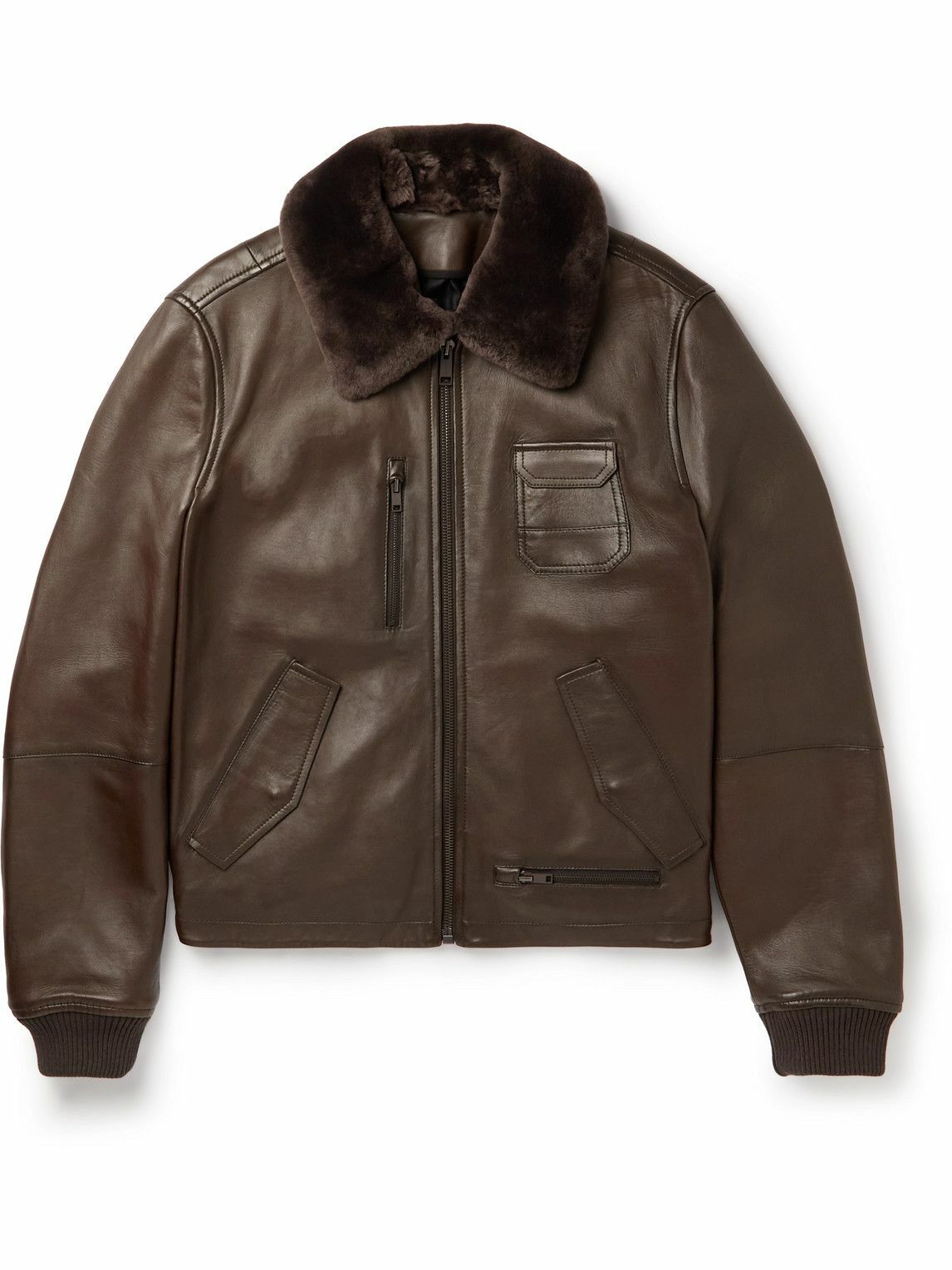 Photo: Yves Salomon - Slim-Fit Shearling-Trimmed Leather Jacket - Brown
