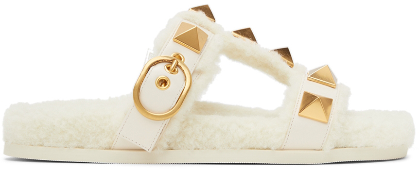 Valentino Garavani Shearling Roman Stud Slides Valentino Garavani