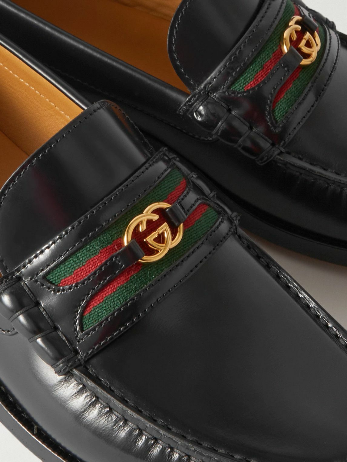 GUCCI - Kaveh Webbing-Trimmed Leather Loafers - Black Gucci