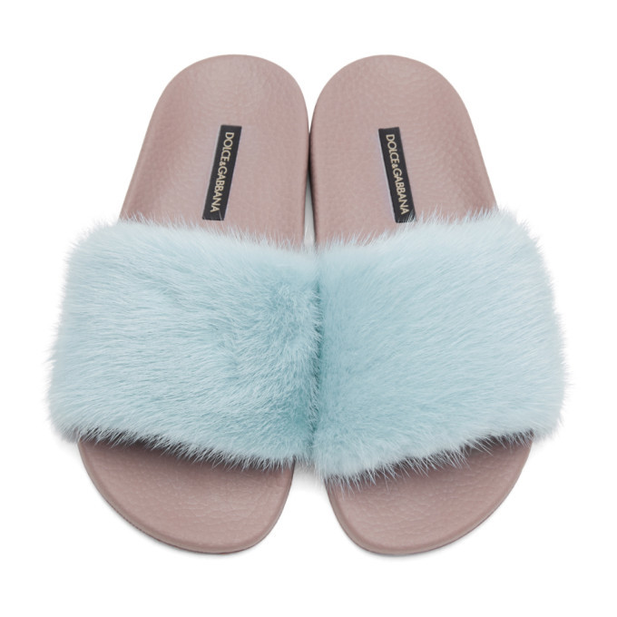 Dolce and Gabbana Blue Fur Slides Dolce & Gabbana