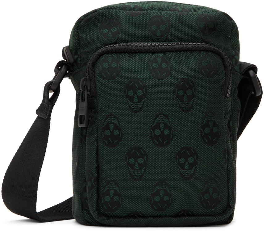 Alexander McQueen Green & Black Biker Skull Messenger Bag Alexander McQueen