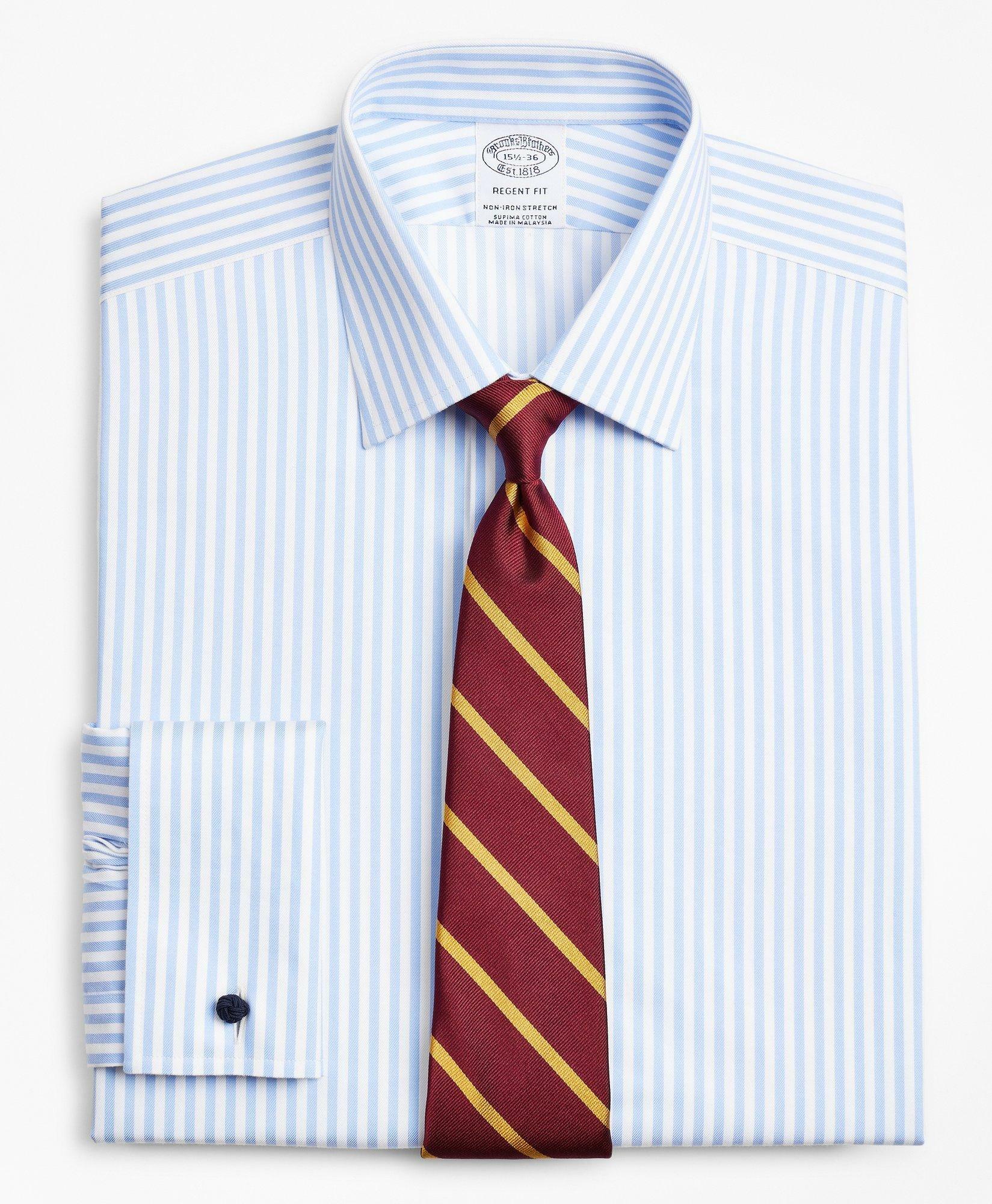 Brooks Brothers Men's Stretch Regent Regular-Fit Dress Shirt, Non-Iron Twill Ainsley Collar French Cuff Bold Stripe | Light Blue