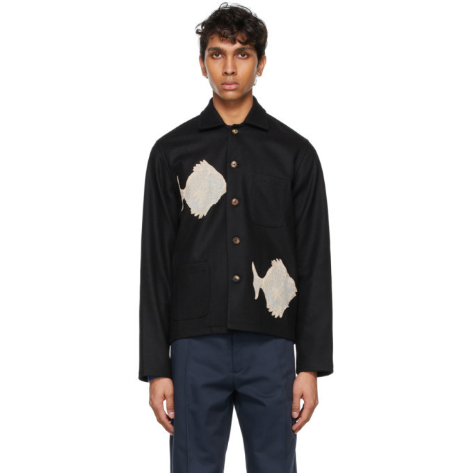 Bode Black Wool Fish Patch Shirt Jacket 