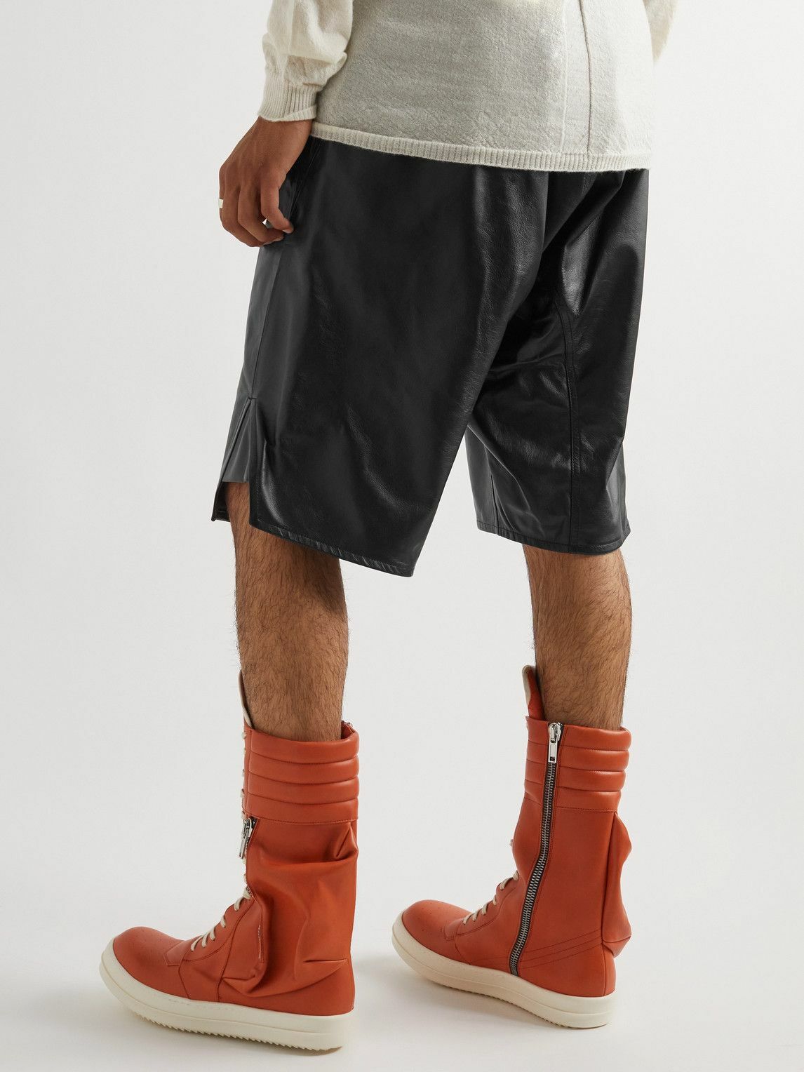 Rick Owens - Basket Wide-Leg Leather Drawstring Shorts - Black