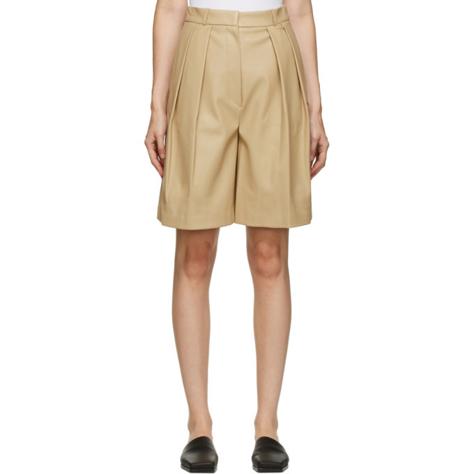 LVIR Beige Faux-Leather Pleated Shorts LVIR