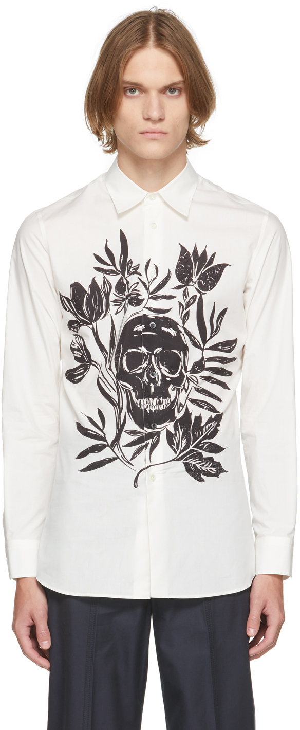 Alexander McQueen White Poplin Skull Leaf Print Dropped Shoulder Shirt ...