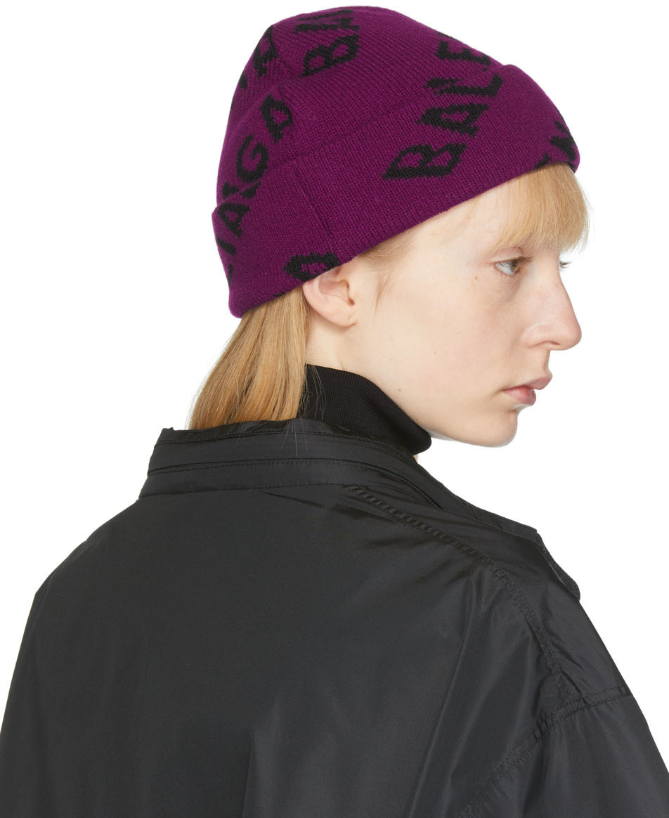 Balenciaga Purple Allover Logo Beanie 