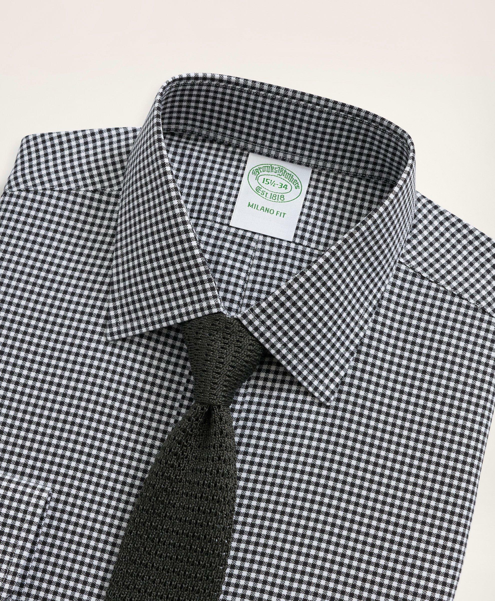 Brooks Brothers Men's Stretch Milano Slim-Fit Dress Shirt, Non-Iron Herringbone Gingham Ainsley Collar | Black
