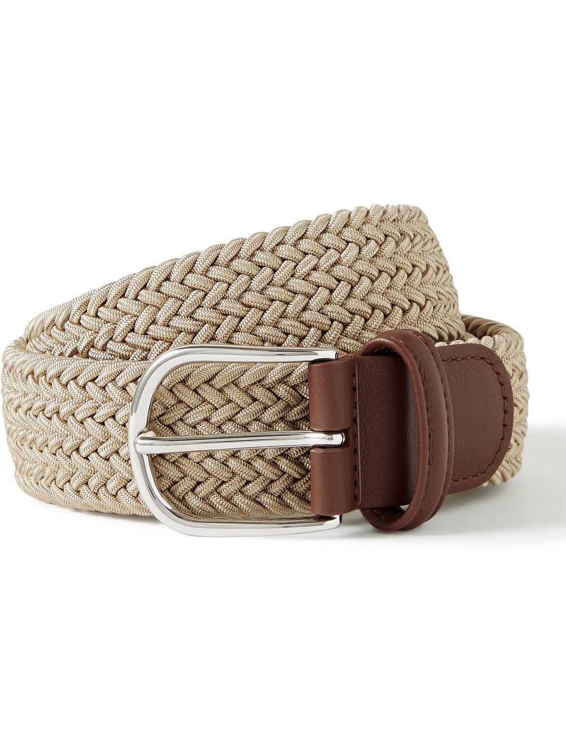 Anderson's - 3.5cm Leather-Trimmed Woven Elastic Belt - Neutrals Anderson's