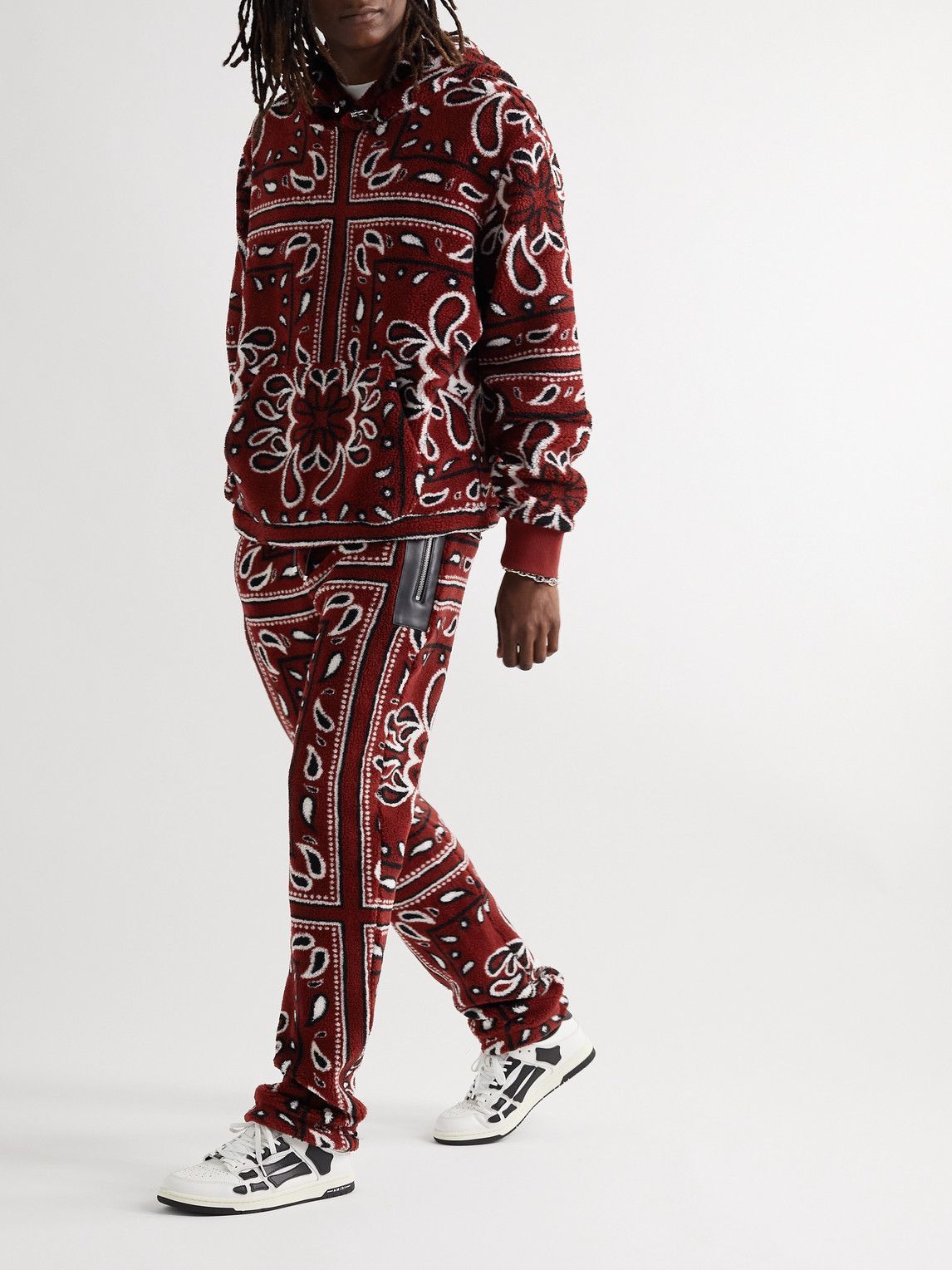 AMIRI LeatherTrimmed BandanaPrint Fleece Hoodie Burgundy Amiri