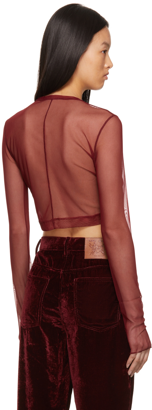 Marc Jacobs Burgundy 'The Cropped ' Long Sleeve Mesh T-Shirt Marc Jacobs