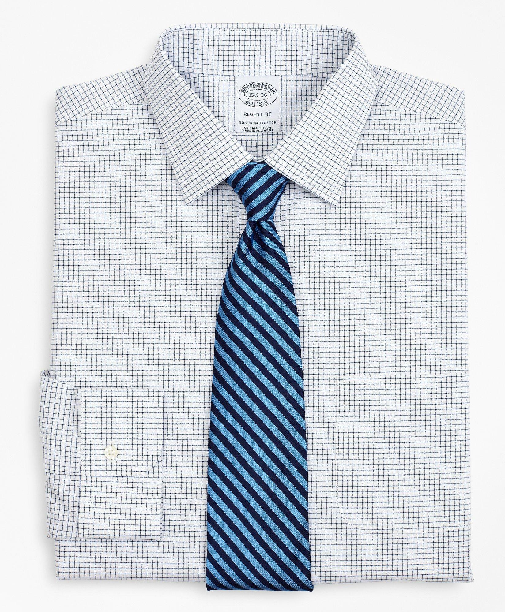 Brooks Brothers Men's Stretch Regent Regular-Fit Dress Shirt, Non-Iron Poplin Ainsley Collar Small Grid Check | Navy