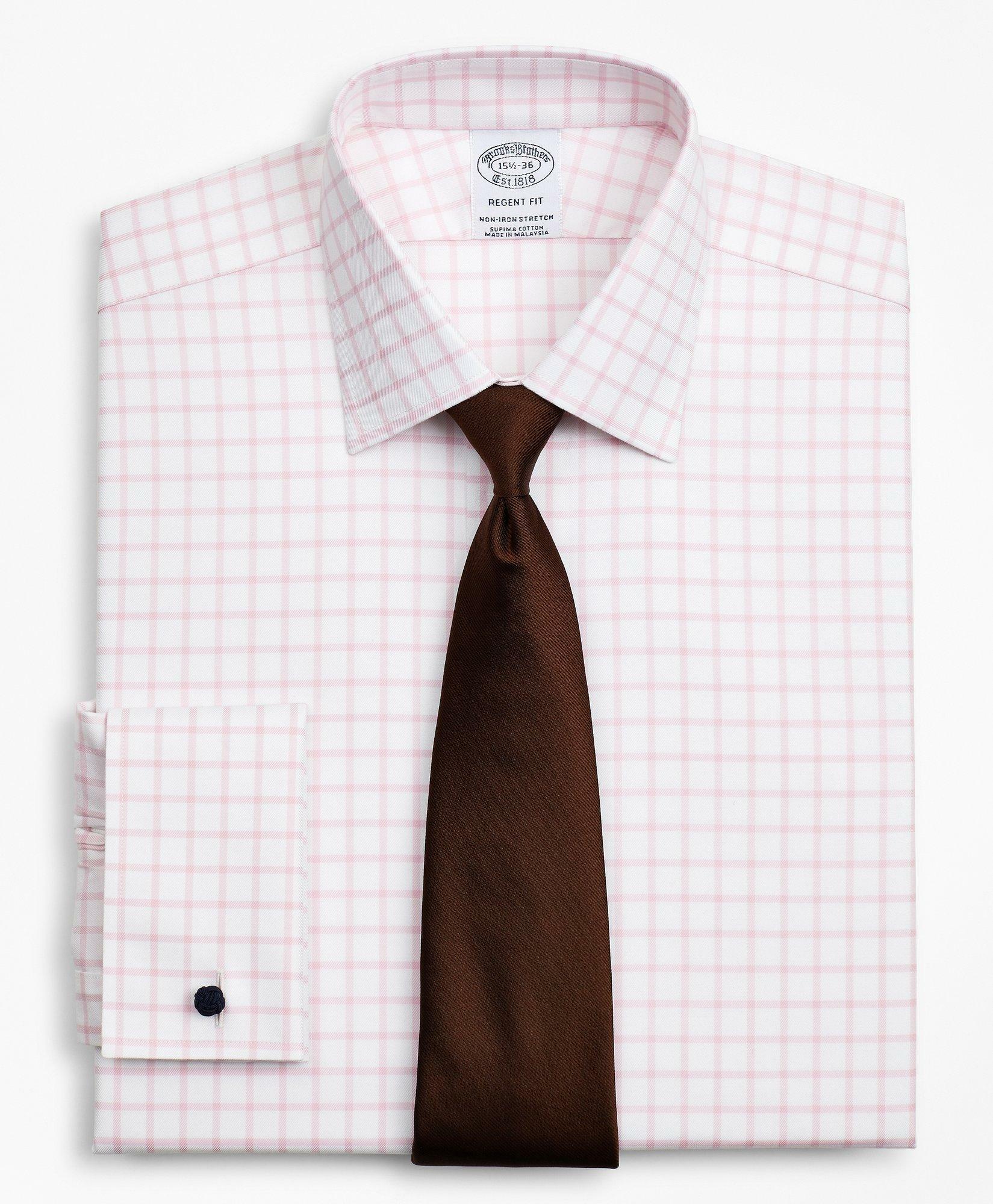 Brooks Brothers Men's Stretch Regent Regular-Fit Dress Shirt, Non-Iron Twill Ainsley Collar French Cuff Grid Check | Pink
