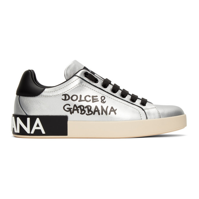 Dolce and Gabbana Silver and Black Writing Portofino Sneakers Dolce &  Gabbana