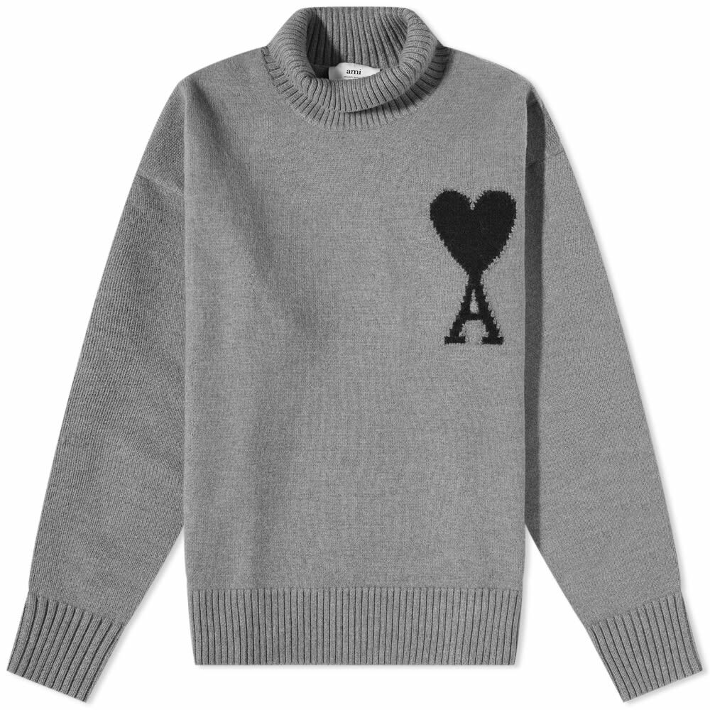 Photo: AMI Men's Large A Heart Roll Neck Knit in Grey/Black