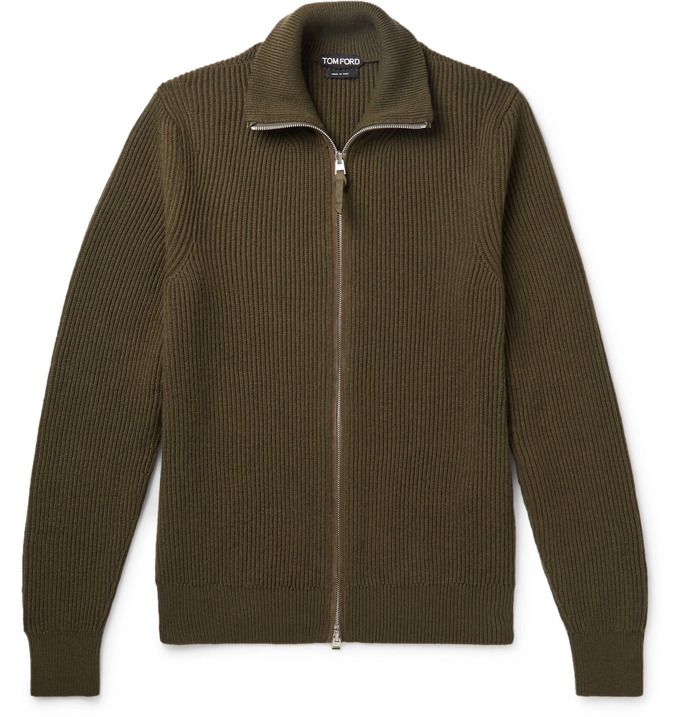 TOM FORD - Suede-Trimmed Ribbed Cashmere Cardigan - Green TOM FORD