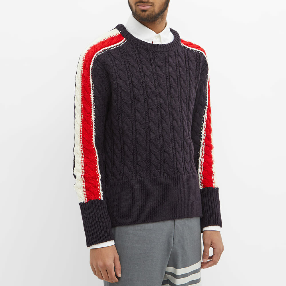 Thom Browne Men's Tricolour Sleeve Stripe Crew Cable Knit in Navy Thom ...