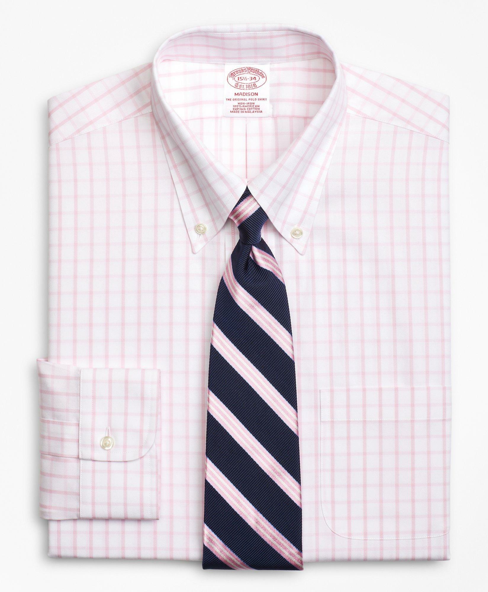 Brooks Brothers Men's Madison Relaxed-Fit Dress Shirt, Non-Iron Windowpane | Pink