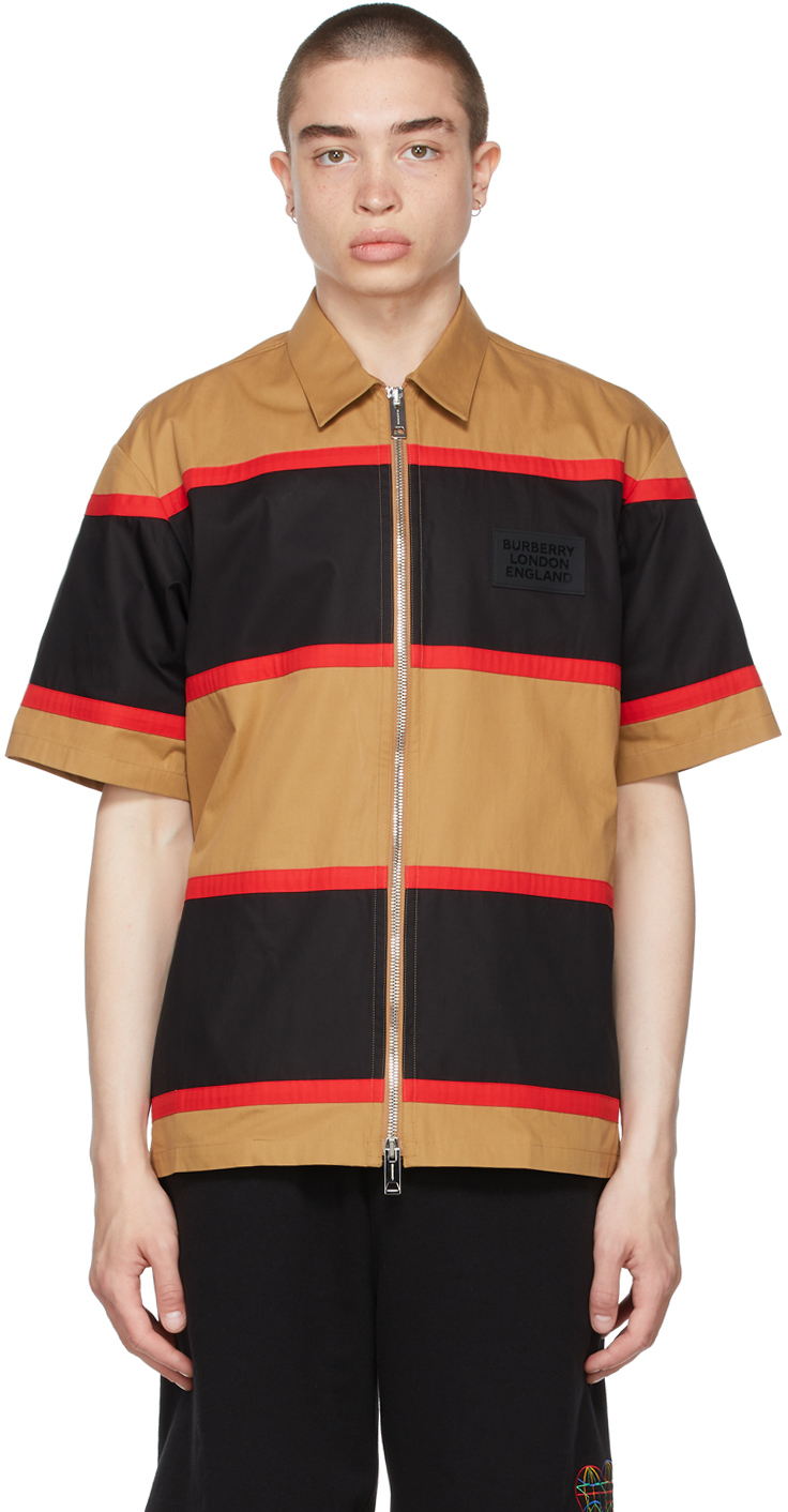 Burberry Tan & Black Zippered Short Sleeve Shirt Burberry