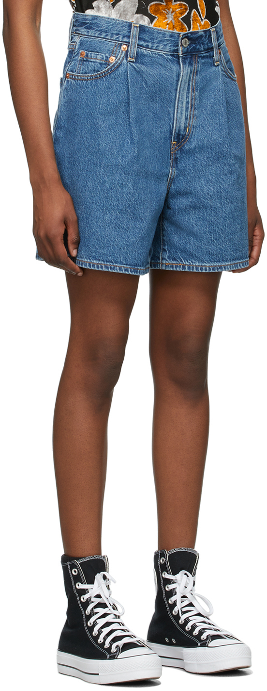 Levi's Blue Denim Pleated Ribcage Shorts Levis