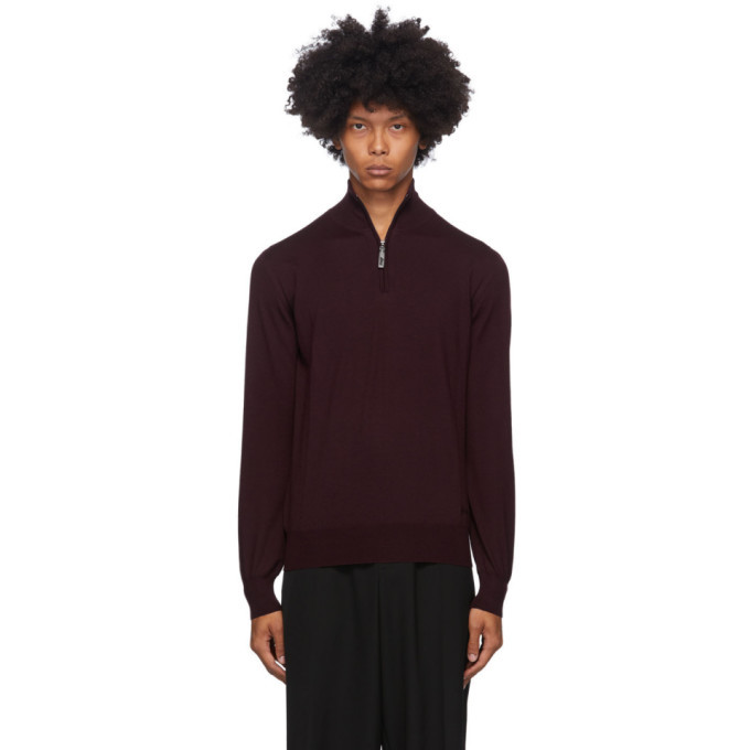 Brioni Burgundy Wool Half-Zip Sweater 