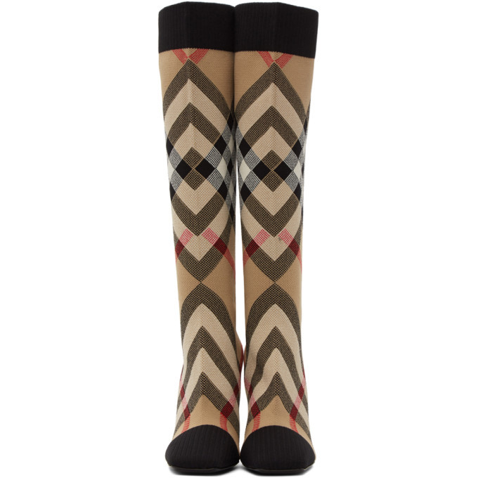 Burberry Beige Check Stretch Knit Sock Boots Burberry