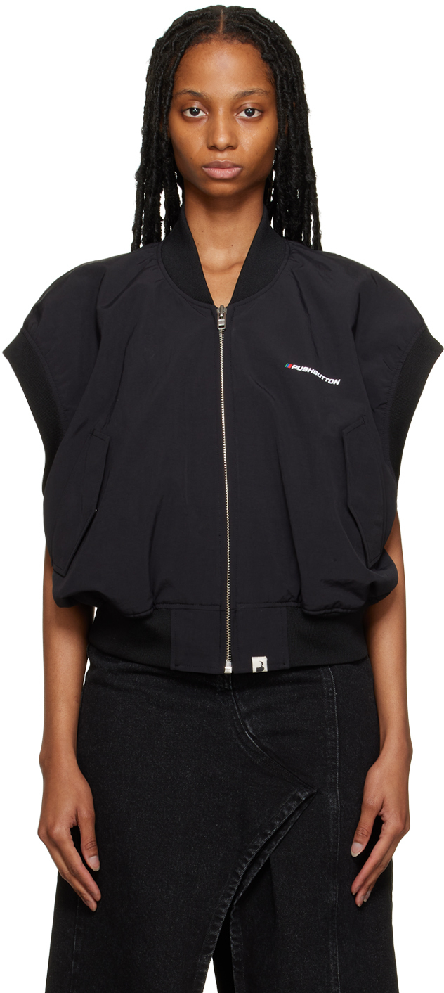 Pushbutton Black Sleeveless Bomber Jacket Pushbutton