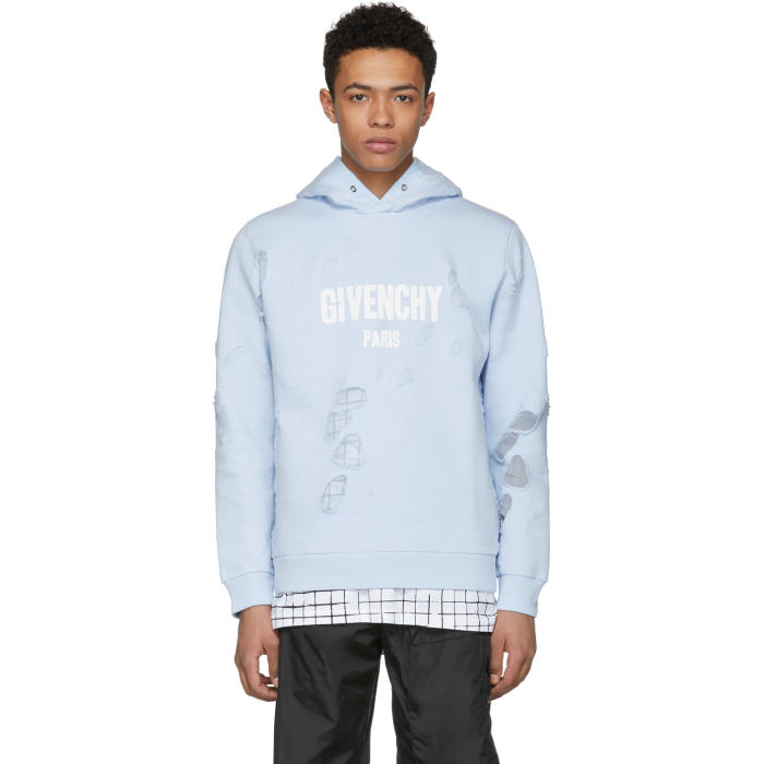 Givenchy Blue Distressed Logo Hoodie 