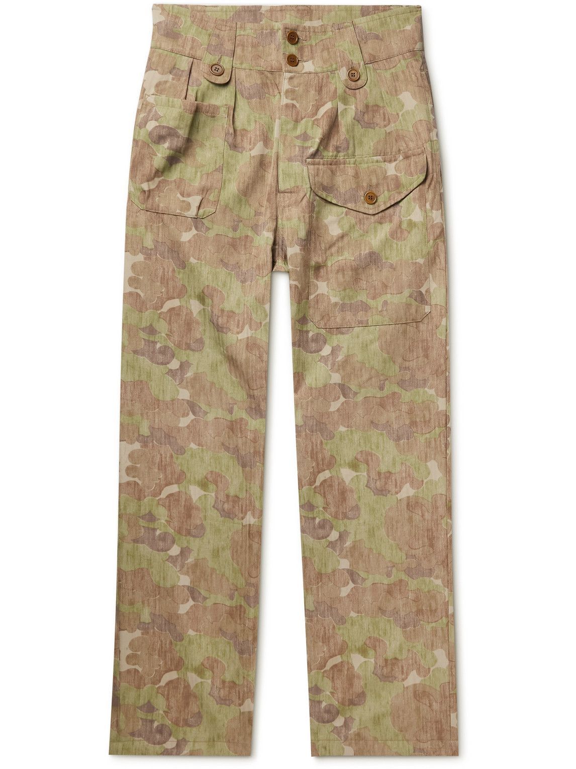 Photo: Visvim - Coronel Camouflage-Print Herringbone Wool and Linen-Blend Trousers - Green